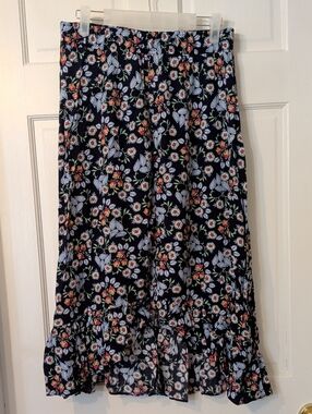 LOFT Navy Floral Maxi Skirt with Ruffle Hem